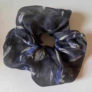 Handmade Oversized Sheer Floral Scrunchie Gray Blue Organza Hair Accessory
